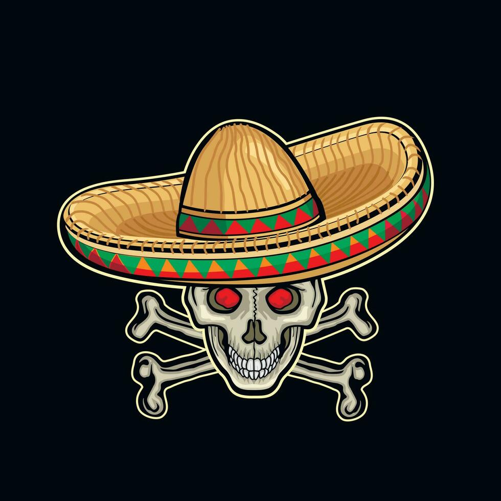 helig död, mexikansk socker skalle i sombrero, grunge årgång design t shirts vektor