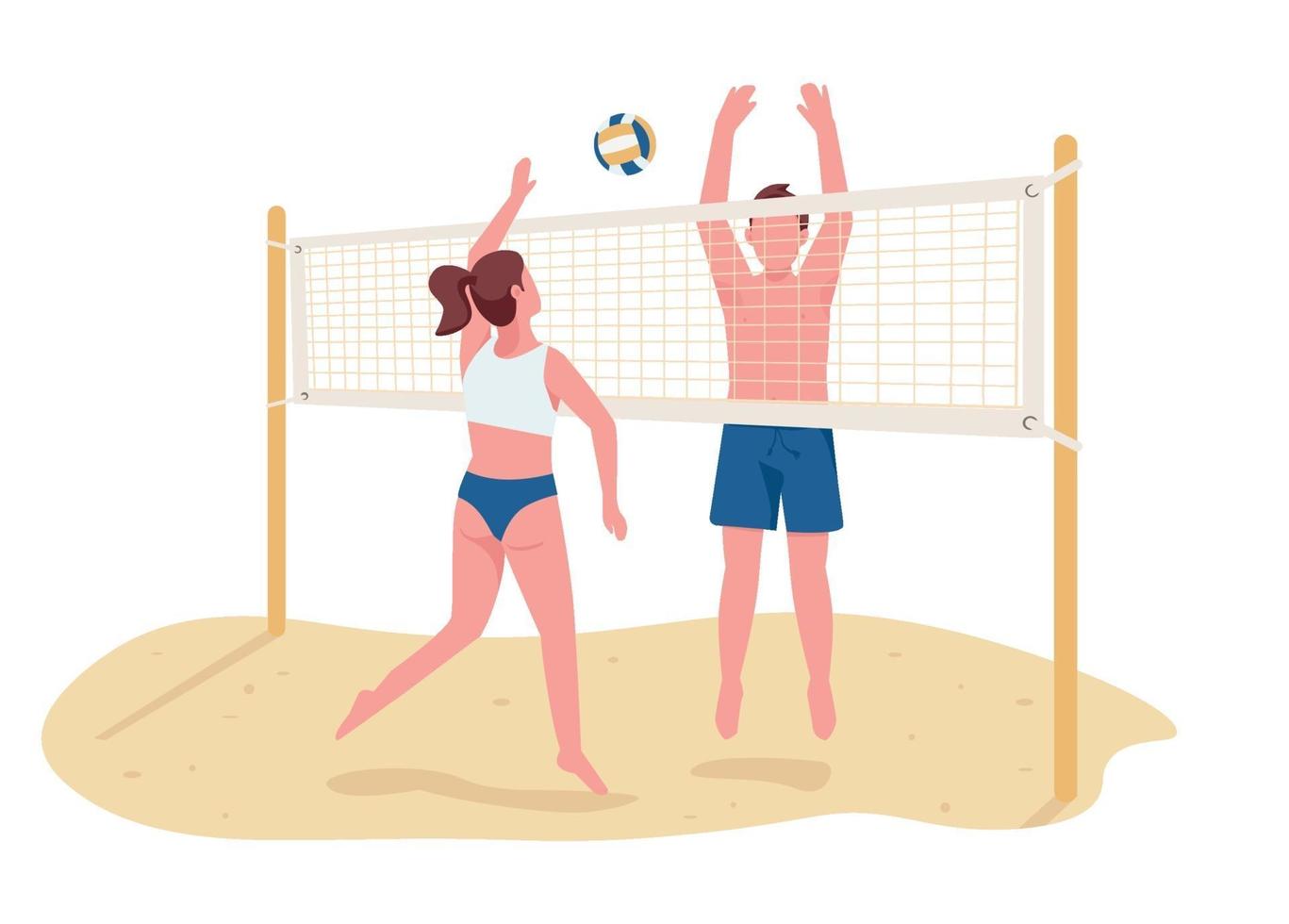 man och kvinna som spelar strandvolleyboll platt färg vektor ansiktslösa karaktärer. aktiv sommarunderhållning, sportspel isolerad tecknad illustration för webbgrafisk design och animering
