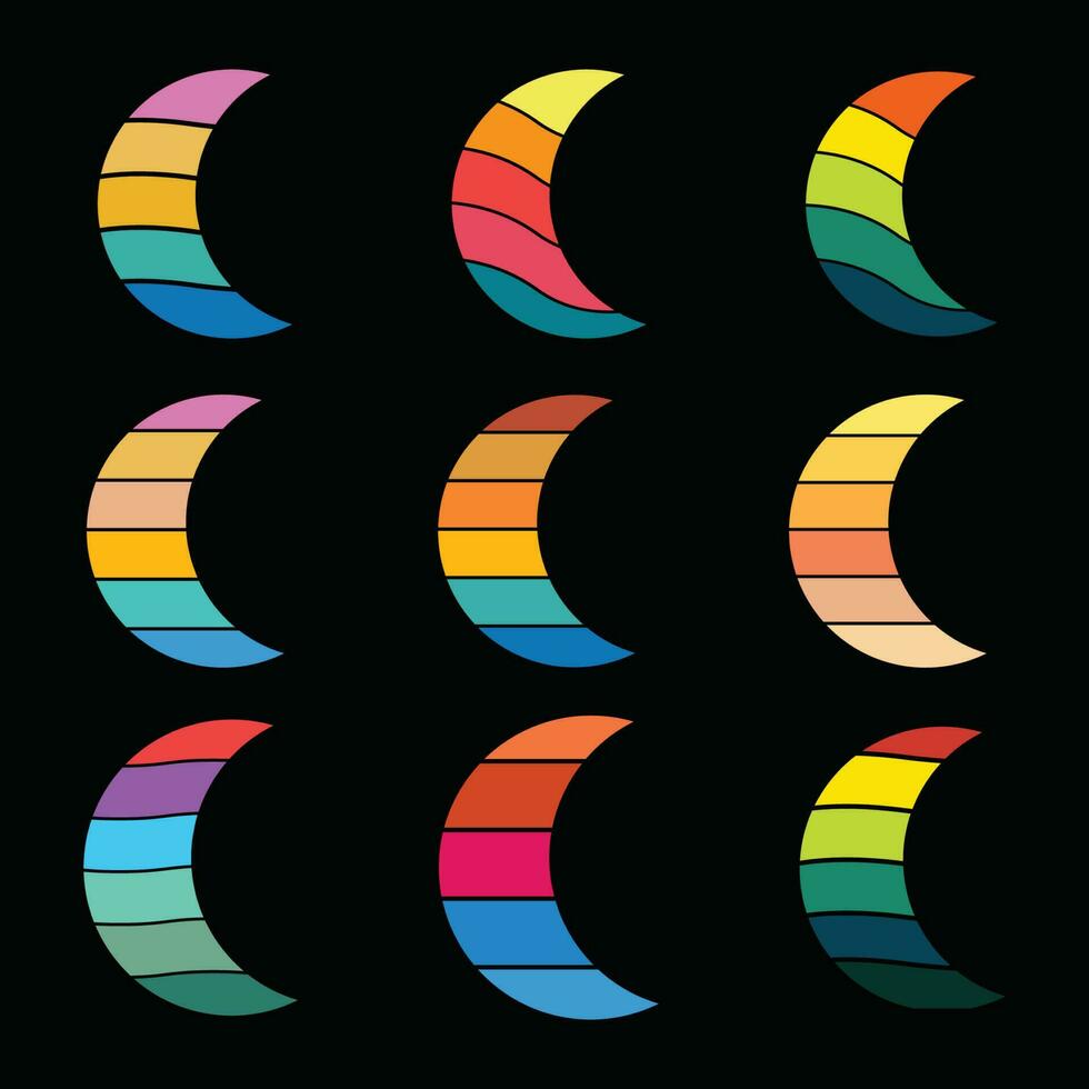 retro Jahrgang Sonnenuntergang Farbe Mond.ramadan Vektor eid Mubarak Sonnenuntergang.70er 80er Jahre alt Farbe zum Nacht anders Mond Vektor Stil Sammlung, Design Elemente himmlisch Mond Symbol Symbol Vektor Hintergrund