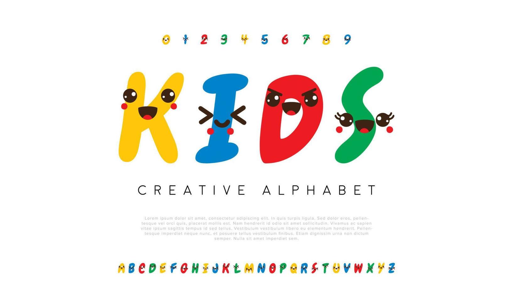 barn modern abstrakt digital alfabet färgrik font. minimal söt barn typografi, kreativ färgrik font och med tal. vektor illustration