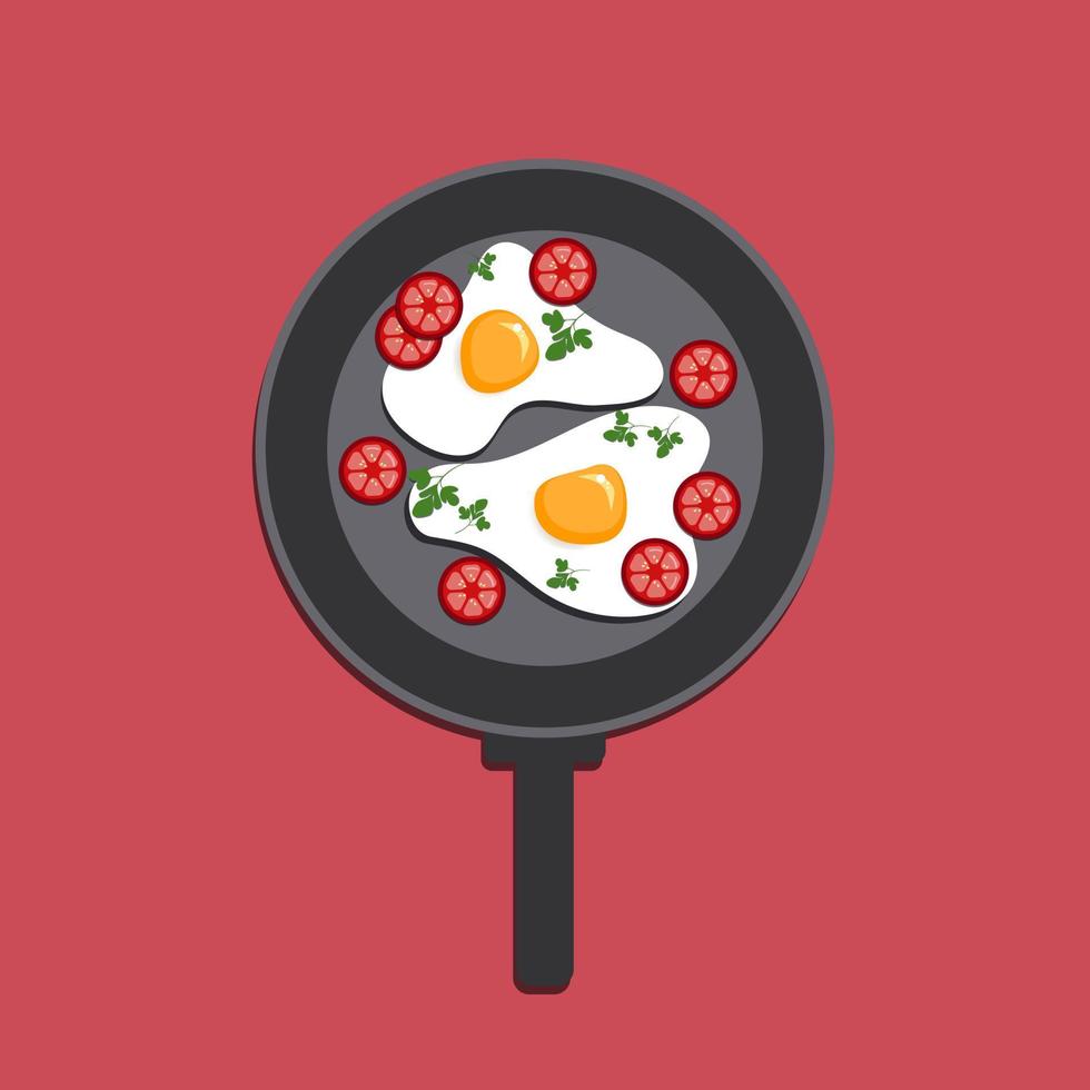 friterad ägg med tomat, och korv på en matlagning panorera med en hantera. papperssår bruka Produkter. vektor illustration