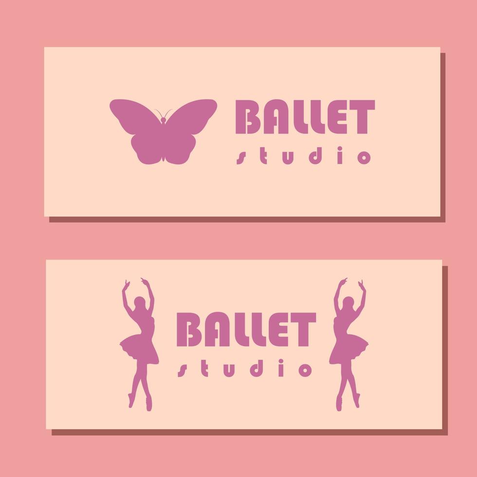 teater biljett design. balett skola flygblad mall. ballerina silhuett i de tutu och pointe sko med fjäril. brun och lila kort design. vektor illustration