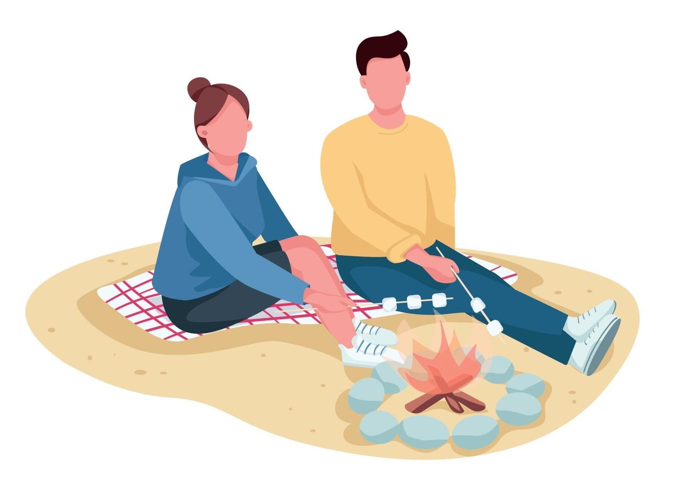 par rosta marshmallow på stranden platt färg vektor ansiktslösa tecken. sommarutflykt. pojkvän och flickvän på picknick isolerad tecknad illustration för webbgrafisk design och animering