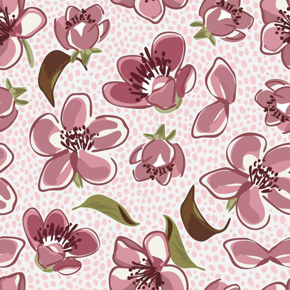nahtlos Muster mit Rosa Aprikose Blüte. Vektor Frühling Muster isoliert im das Hintergrund. Blumen- Hintergrund. Beste zum Stoff, Verpackung Papier, Zuhause Design, Textil.