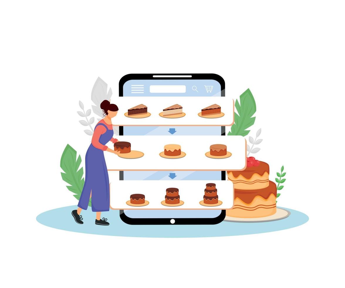 Online-Kuchen, die flache Konzeptvektorillustration bestellen. Köchin, Konditorin 2d Zeichentrickfigur für Webdesign. süße Bäckerei Bestellung und Lieferung Internet-Service kreative Idee vektor