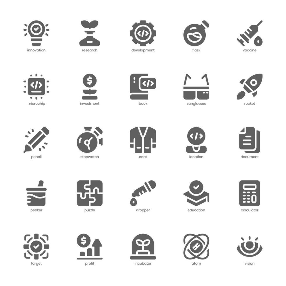 Forschung und Entwicklung Symbol Pack zum Ihre Webseite Design, Logo, Anwendung, und Benutzer Schnittstelle. Forschung und Entwicklung Symbol Glyphe Design. Vektor Grafik Illustration und editierbar Schlaganfall.