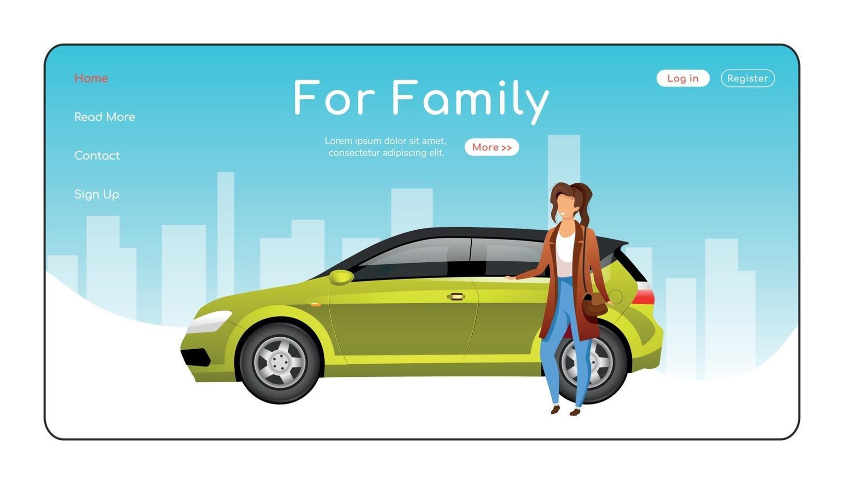 för familjens målsida platt färgmall. bilförsäljningstjänstens startsida. bilförsäljning en sida webbplats gränssnitt med seriefigur. rymlig hatchback webbbanner, webbsida vektor
