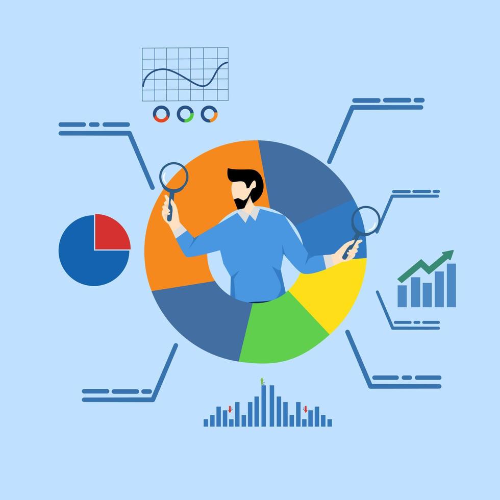 Konzept von Analysieren Daten, finanziell Forschung Analytik, Daten Analyse, Diagramme und Grafiken, Datenbank Berichte oder vorausschauend Visualisierung, Geschäftsmann mit Vergrößerung Glas Analysieren Kuchen Diagramm Daten. vektor