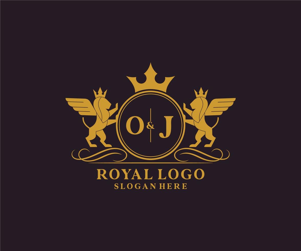 första oj brev lejon kunglig lyx heraldisk, vapen logotyp mall i vektor konst för restaurang, kungligheter, boutique, Kafé, hotell, heraldisk, Smycken, mode och Övrig vektor illustration.