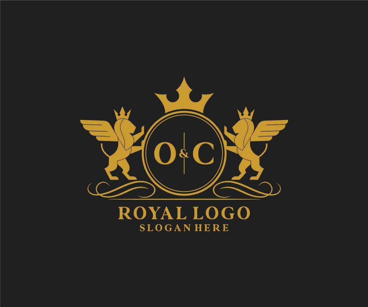 första oc brev lejon kunglig lyx heraldisk, vapen logotyp mall i vektor konst för restaurang, kungligheter, boutique, Kafé, hotell, heraldisk, Smycken, mode och Övrig vektor illustration.