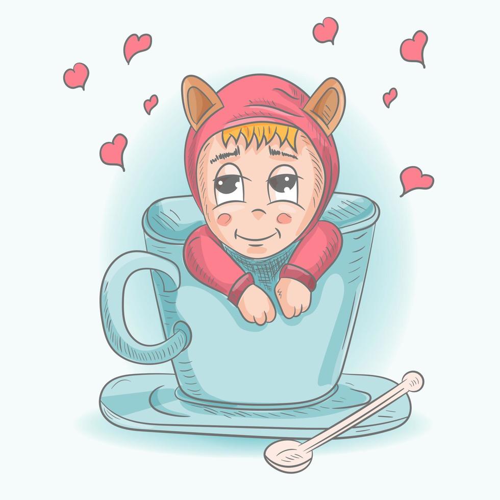 rolig liten man chibi, Sammanträde i en te kopp, kontur vektor Färg illustration