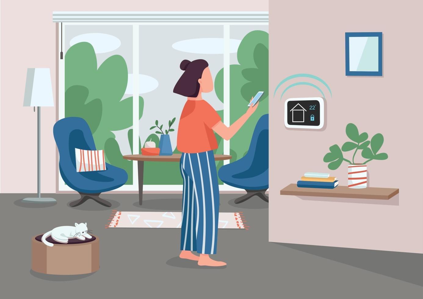 smart home management panel platt färg vektorillustration. ung kvinna med smartphone 2d seriefigur med automatisk lägenhet på bakgrund. iot-teknik. fjärrkontroll för hushållsapparater vektor