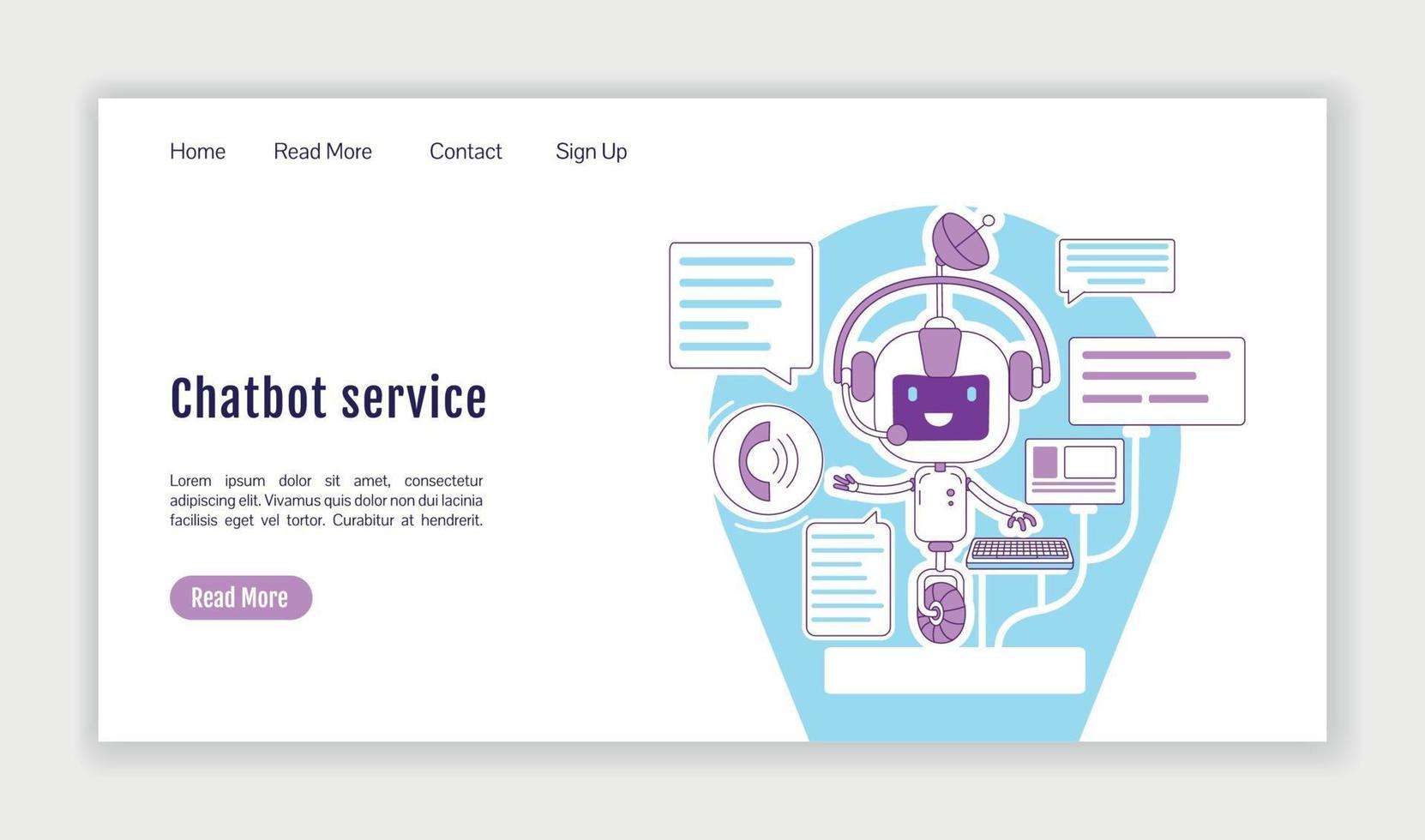 Chatbot Service Landing Page flache Silhouette Vektor Vorlage. Homepage-Layout des persönlichen Assistenten. virtuelle Kommunikation einseitige Website-Schnittstelle mit Cartoon-Umrissfigur. Web-Banner, Webseite