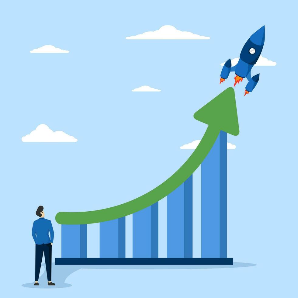 exponentiell tillväxt begrepp, investering, ökande rikedom eller inkomst Diagram, ökande försäljning eller vinst begrepp, affärsman ser på finansiell Rapportera Diagram med exponentiell pil flygande raket. vektor
