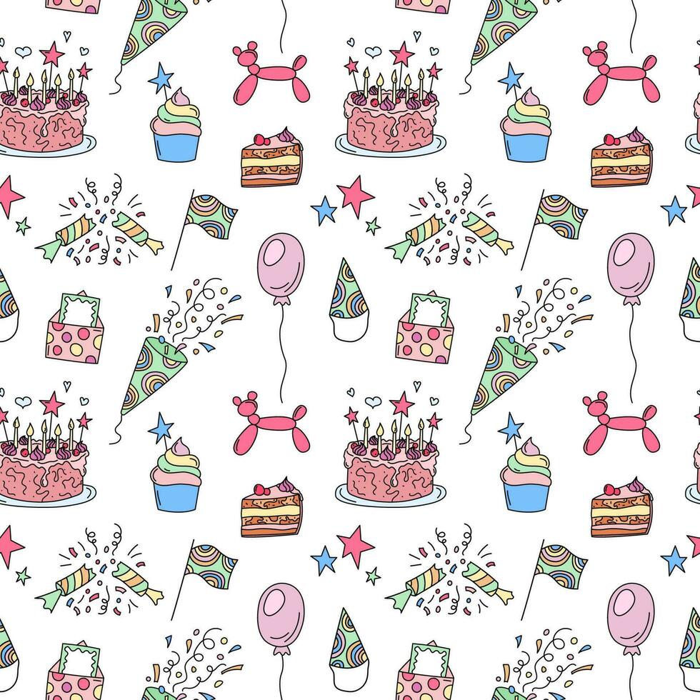 födelsedag mönster. sömlös vektor bakgrund med färgrik födelsedag fest doodles. rolig Semester element. hand dragen unge födelsedag design. upprepa vit illustration