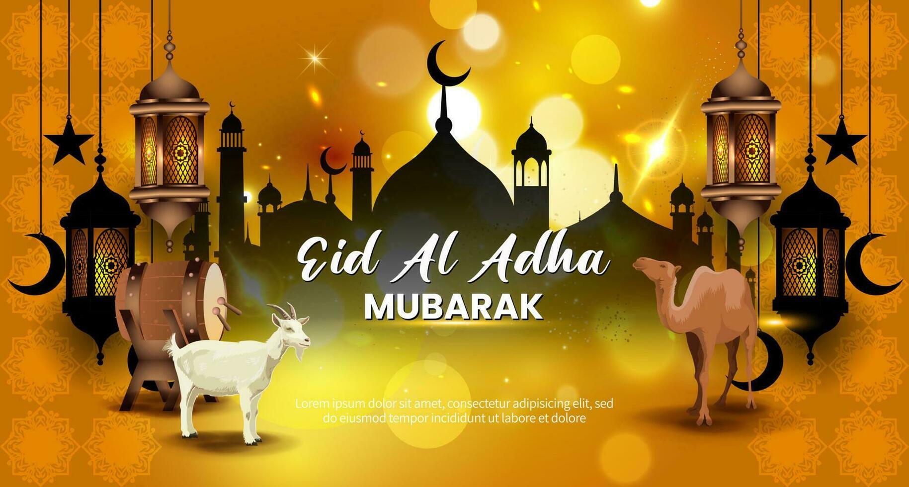 Vektor Illustration zum eid al adha Mubarak. großartig zum Grafik Hintergrund von Moschee, Ziege und Kamel mit glühend Laterne, zum Banner, Karte, Poster Flyer Vorlage, usw.