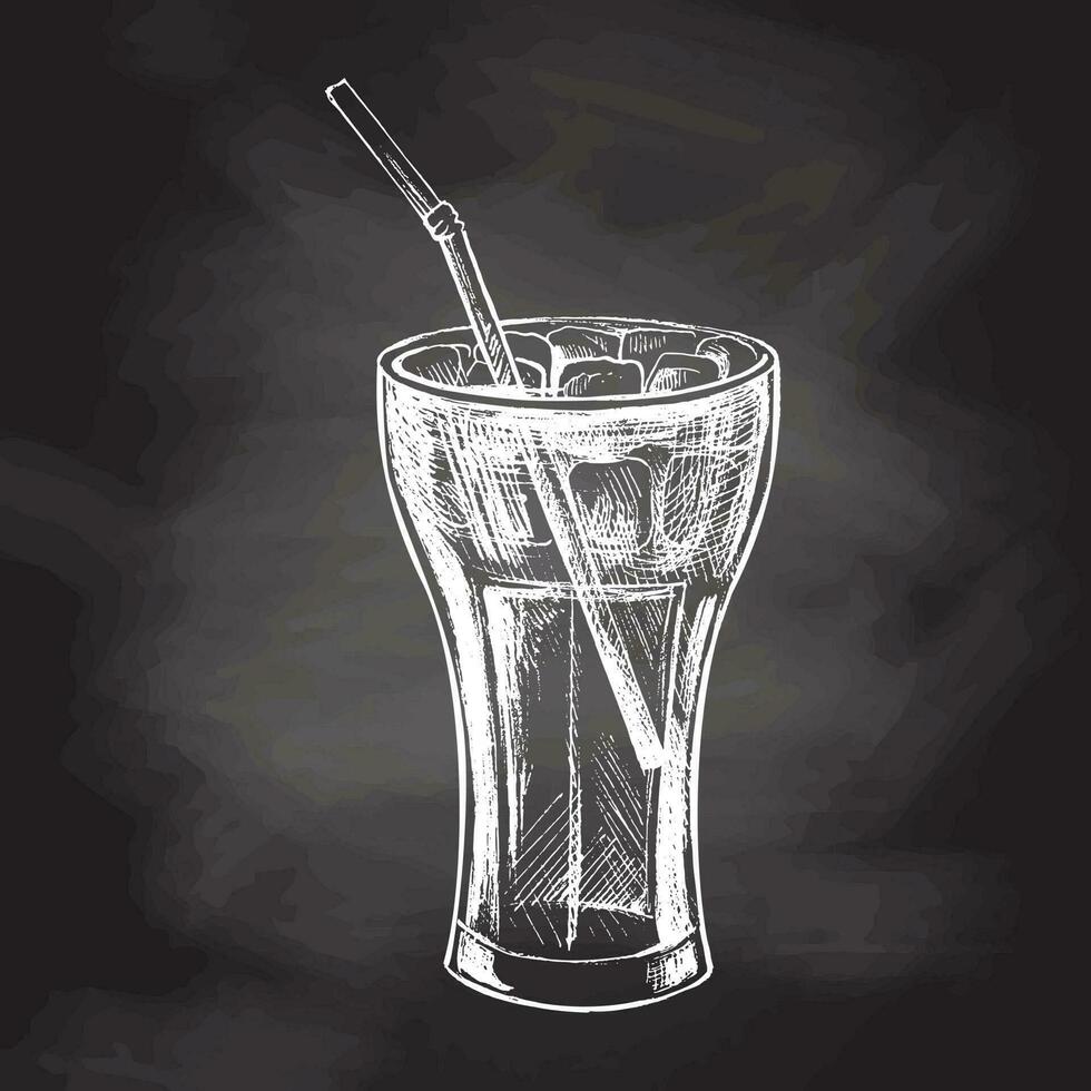 handgemalt skizzieren von Cola Glas mit Eis isoliert auf Tafel Hintergrund. schnell Essen Jahrgang Illustration. Element zum das Design von Etiketten, Verpackung und Postkarten vektor