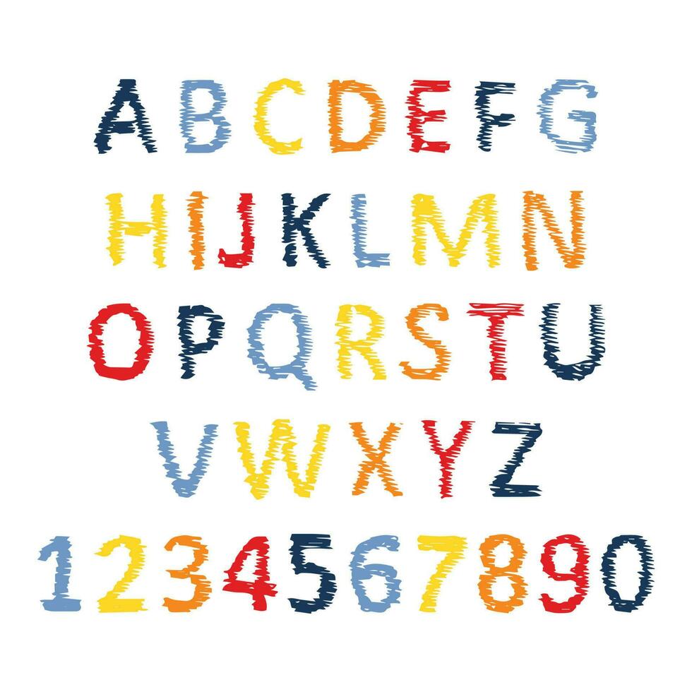 hand dragen latin alfabet brev och tal. versal modern font och typsnitt. flerfärgad symboler på vit bakgrund. vektor illustration.