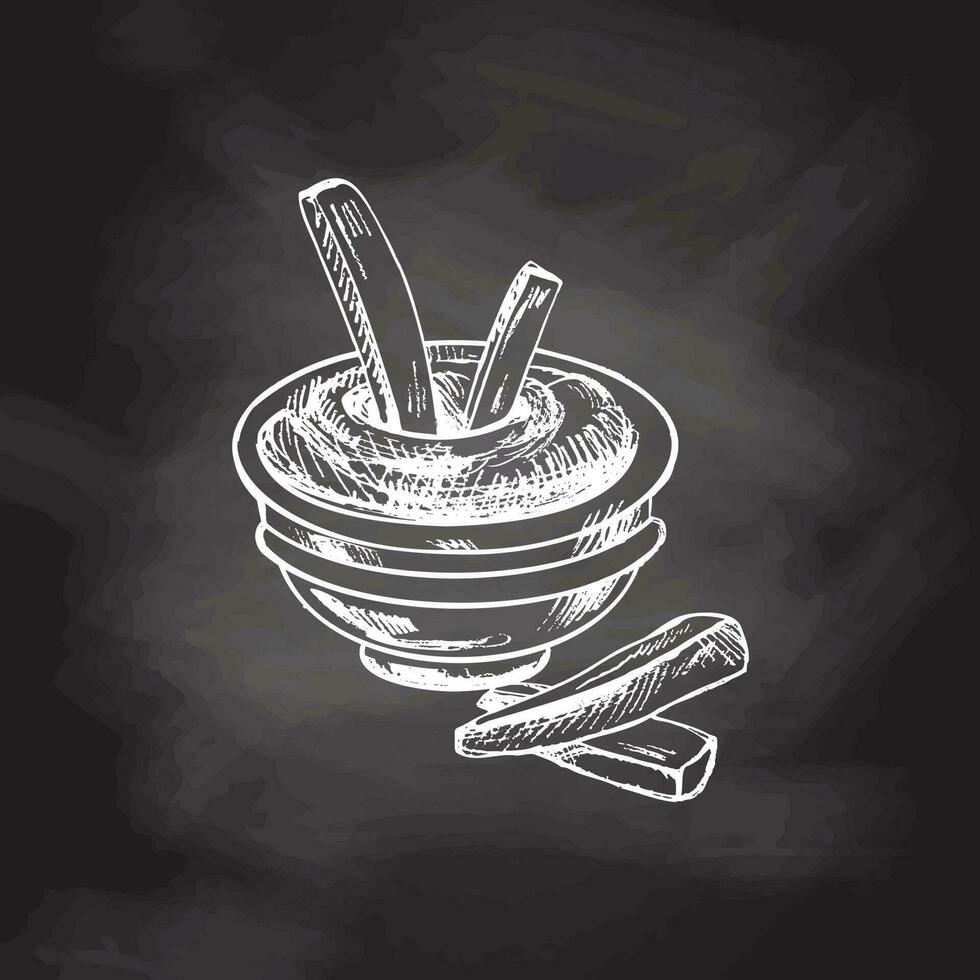 ritad för hand skiss av franska frites potatis med tomat sås isolerat på svarta tavlan bakgrund. snabb mat illustration. årgång teckning. element för de design av etiketter, förpackning och vykort. vektor