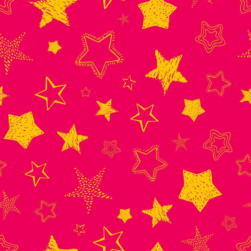 nahtlos Hintergrund von Gekritzel Sterne. Gelb Hand gezeichnet Sterne auf rot Hintergrund. Vektor Illustration