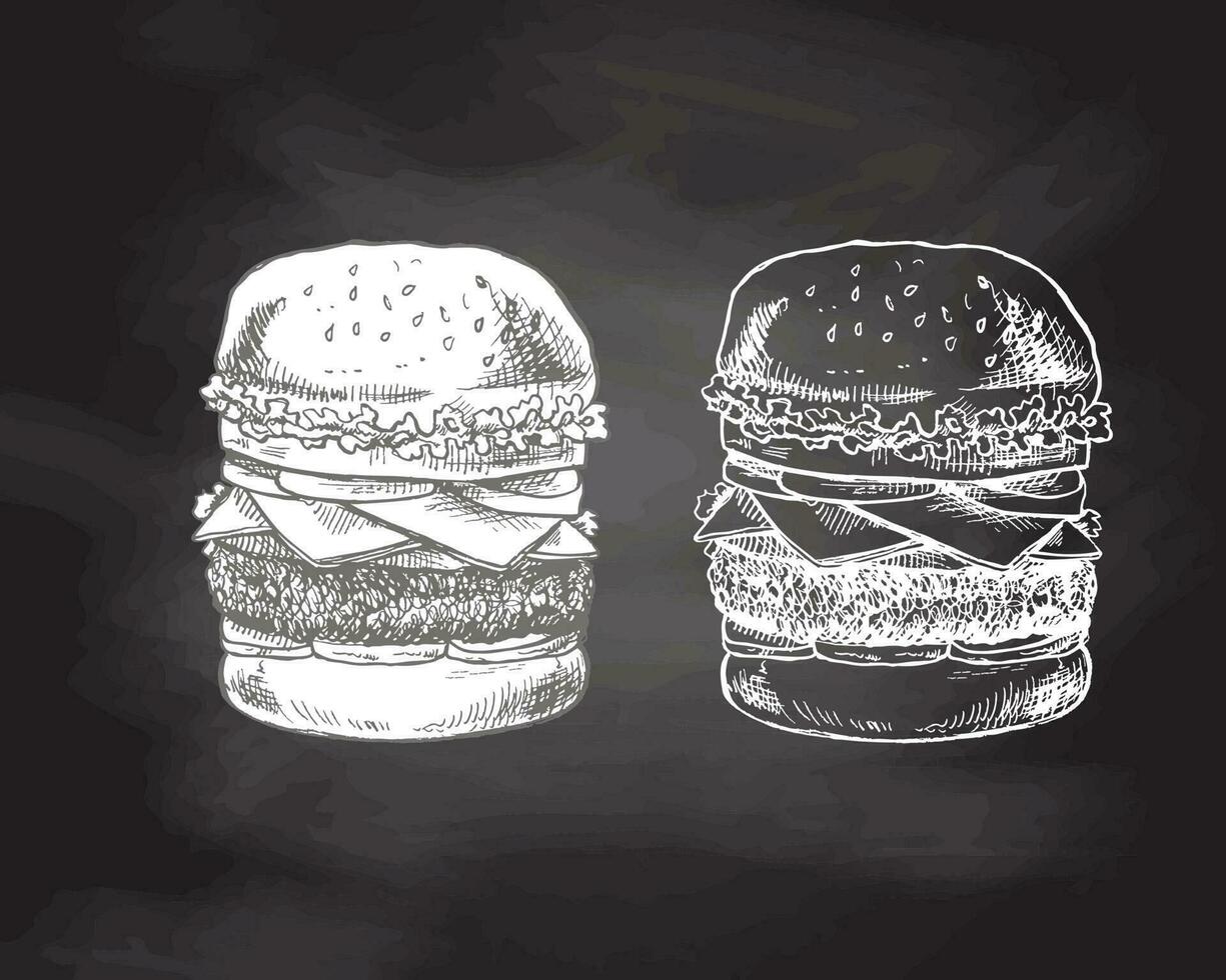 handgemalt skizzieren von großartig köstlich Sandwich, Burger, Hamburger isoliert auf Tafel Hintergrund. schnell Essen Jahrgang Illustration. Element zum das Design von Etiketten, Verpackung und Postkarten vektor