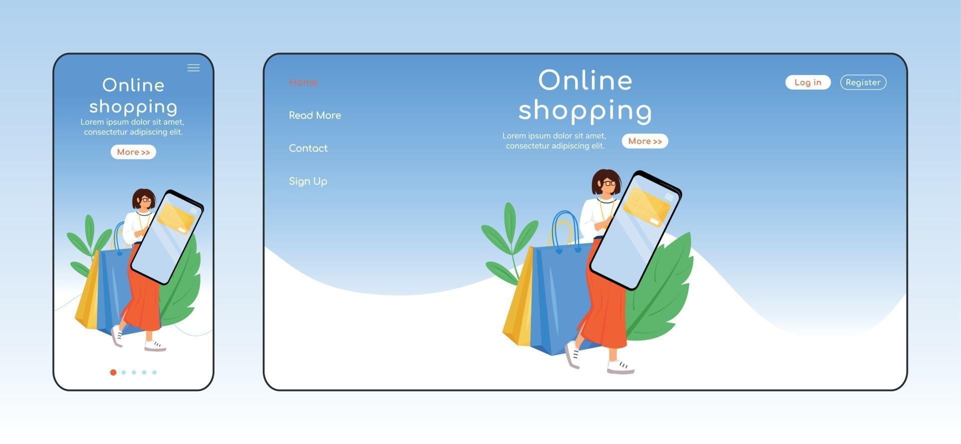 Online-Shopping adaptive Landingpage flache Farbvektor Vorlage. Internet Store Mobile und PC Homepage Layout. Marktplatz eine Seite Website ui. Plattformübergreifendes Design der E-Commerce-Webseite vektor