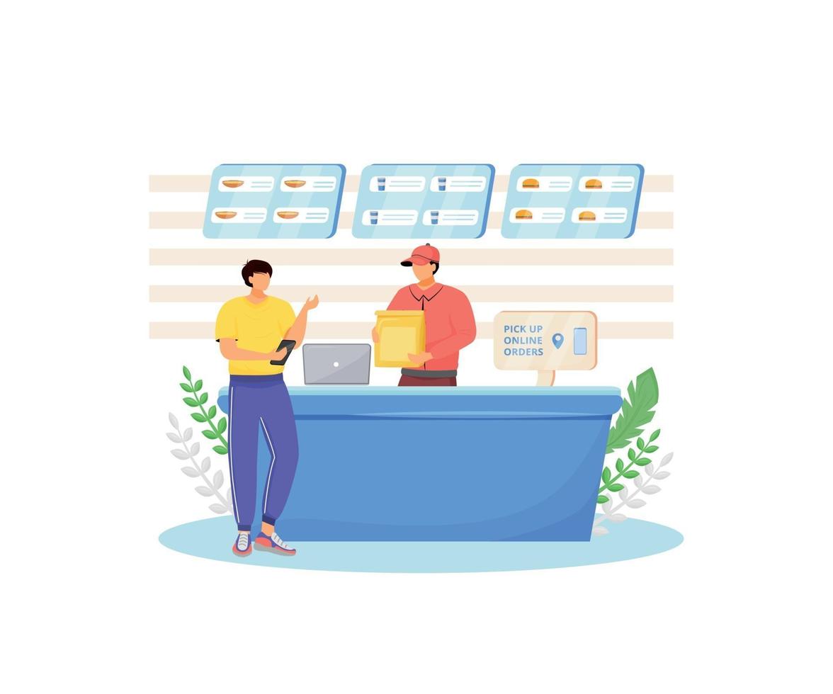 Fast-Food-Verkäufer und Käufer flache Farbe Vektor gesichtslose Zeichen. Restaurant-kontrollierte Online-Bestellung von Lebensmitteln, Cafe Registrierkasse isolierte Cartoon-Illustration für Web-Grafik-Design und Animation