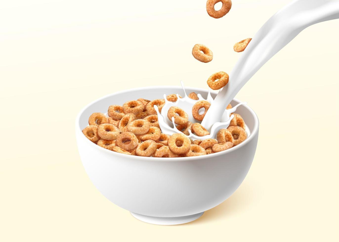 en skål av ringa spannmål eller cheerios med häller mjölk stänk. 3d realistisk mat element isolerat på ljus gul bakgrund. vektor