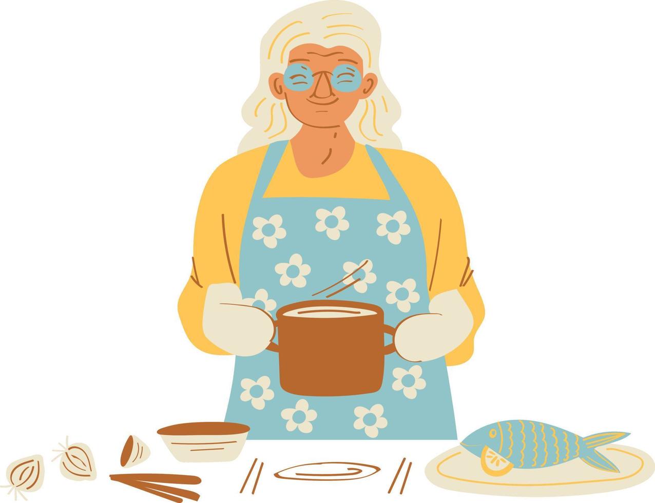 Alten Frau Kochen im das Küche. eben Vektor Illustration.