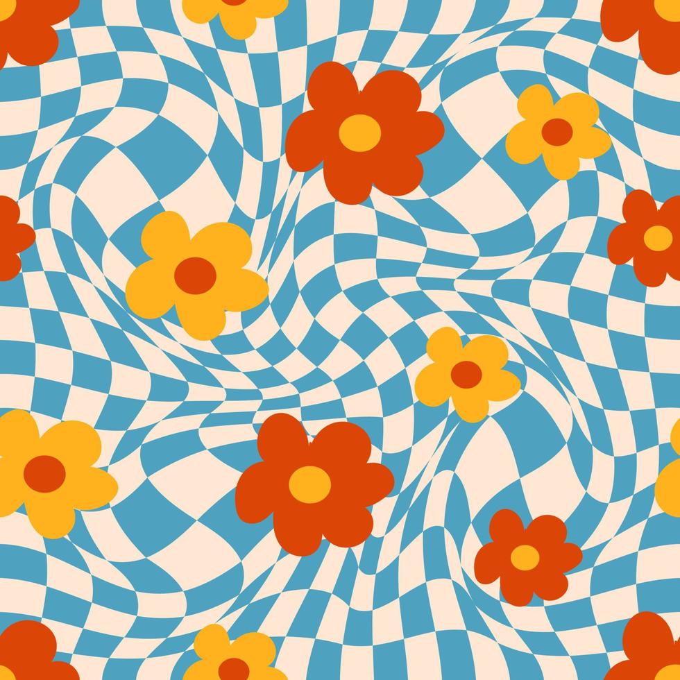 abstrakt fyrkant sömlös mönster med årgång häftig daisy blommor vektor
