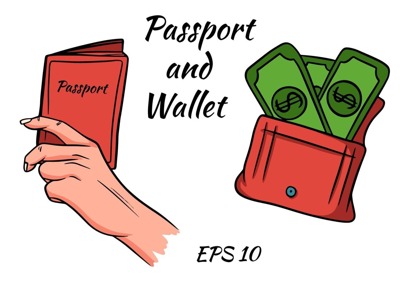 en uppsättning pass i handen och en plånbok med pengar. vektor