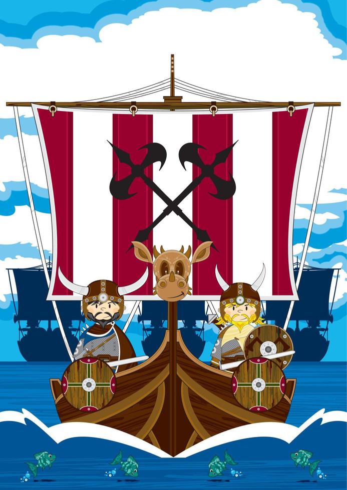 söt tecknad serie viking krigare och barkass Nordisk historia illustration vektor