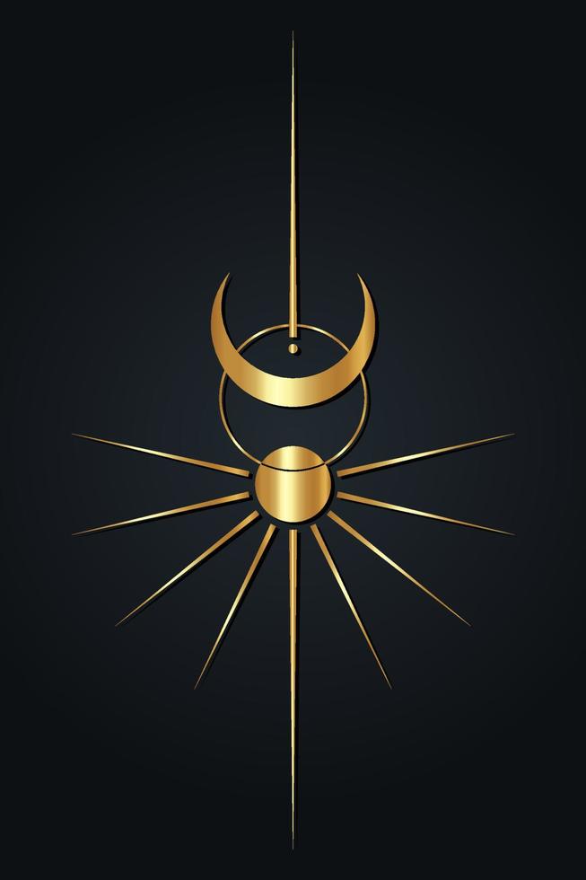 Sol och måne årgång lyx ClipArt. wicca gyllene logotyp. mystisk helig geometri, magi hednisk wiccan gudinna och Gud symboler. vektor guld tecken illustration isolerat svart bakgrund