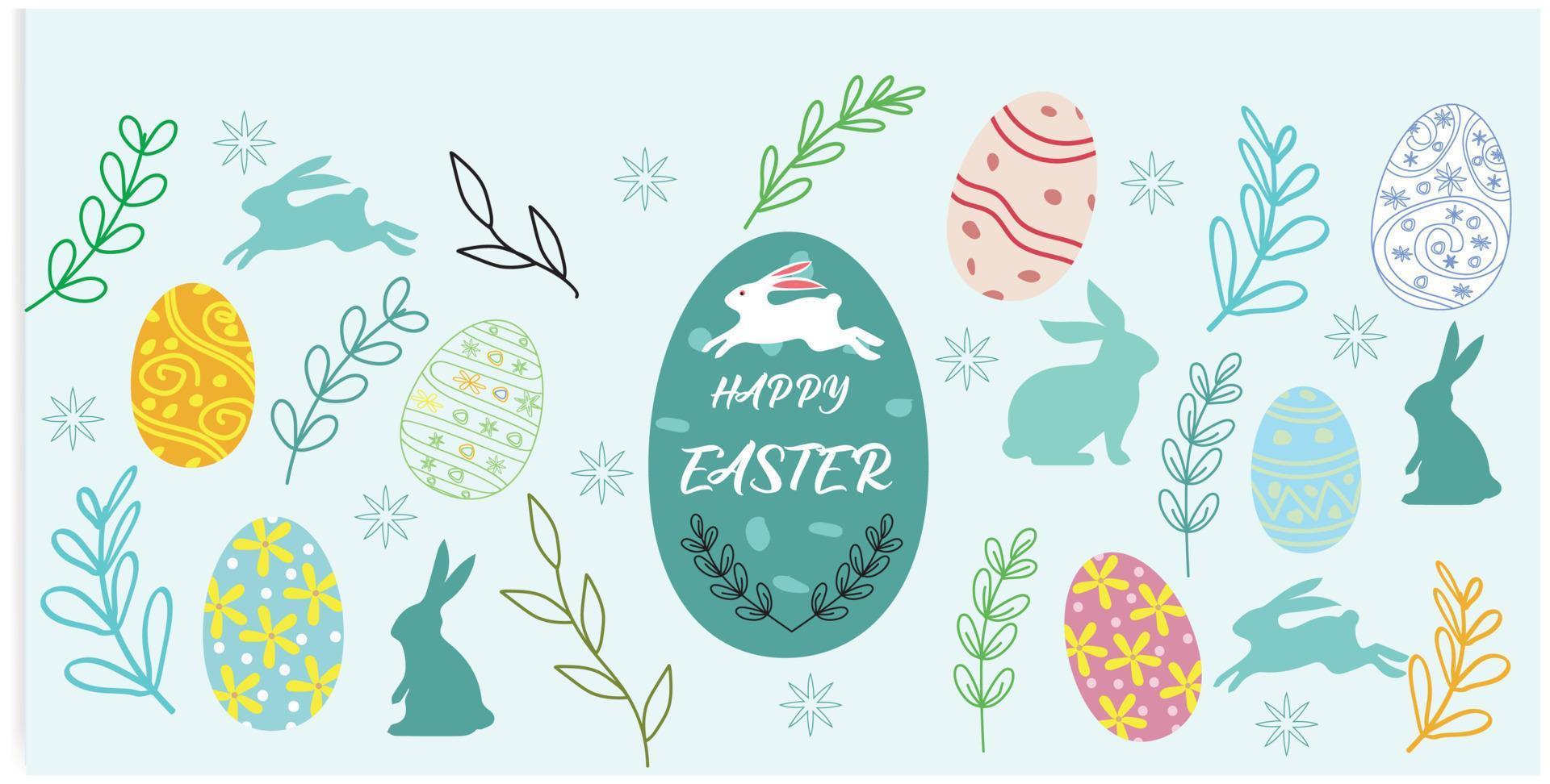 Vektor Illustration von glücklich Ostern Urlaub mit gemalt Ei, Hase Ohren und Blume auf glänzend Blau Hintergrund. International Feier Design mit Typografie zum Gruß Karte, Party Einladung oder