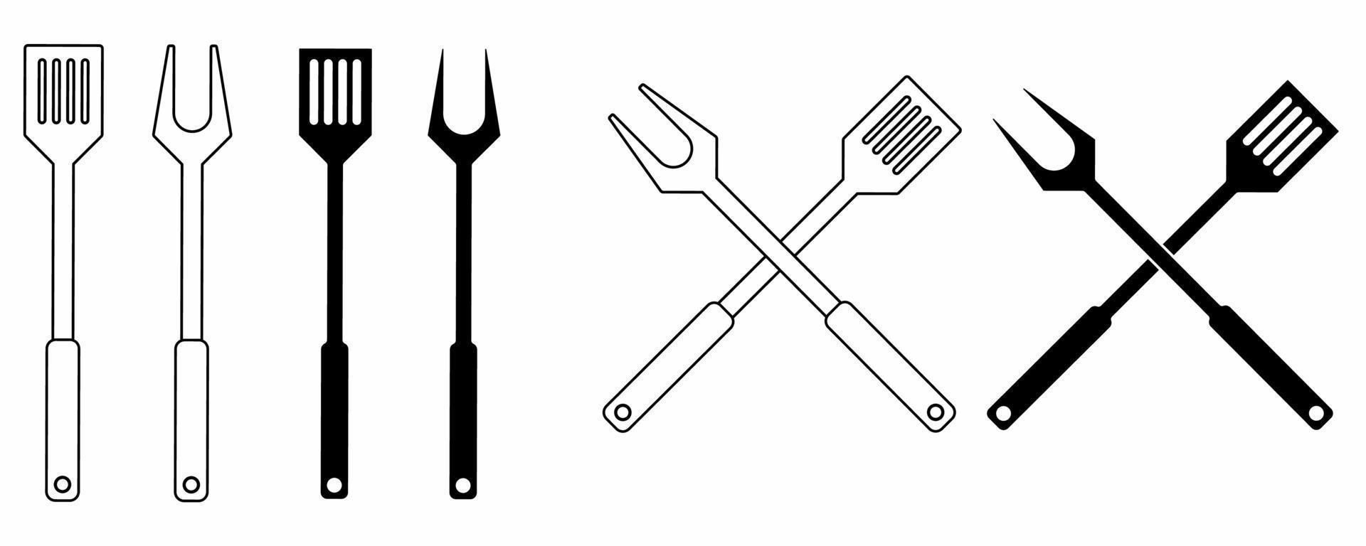 översikt silhuett korsade gaffel och spatel för bbq utegrill grill ikon uppsättning isolerat på vit bakgrund vektor