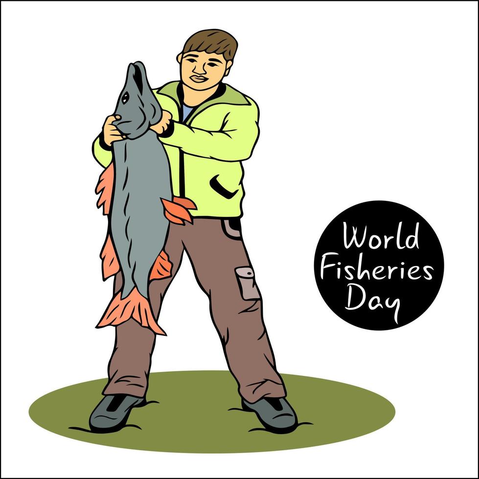 fiskare innehar i hans händer stor fångad färsk fisk. värld fiske dag. jag kärlek fiske. ung man står med fiske stång och fisk på krok. fiskare är fiske. favorit sport. dag av de fiskare vektor