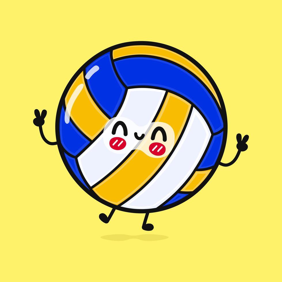 söt rolig Hoppar volleyboll. vektor hand dragen tecknad serie söt karaktär illustration ikon. isolerat på gul bakgrund. volleyboll boll karaktär begrepp