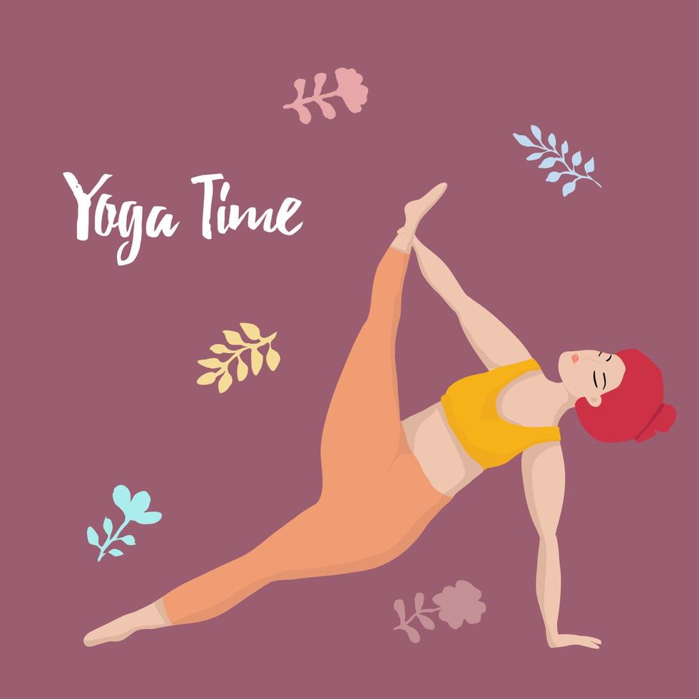 Vektor Illustration mit glücklich asiatisch ein übergroß Frau im Yoga Position. Yoga Zeit. Sport und Gesundheit Körper positiv Konzept zum Postkarte, Yoga Klassen T-Shirt aktiv gesund Lebensstil