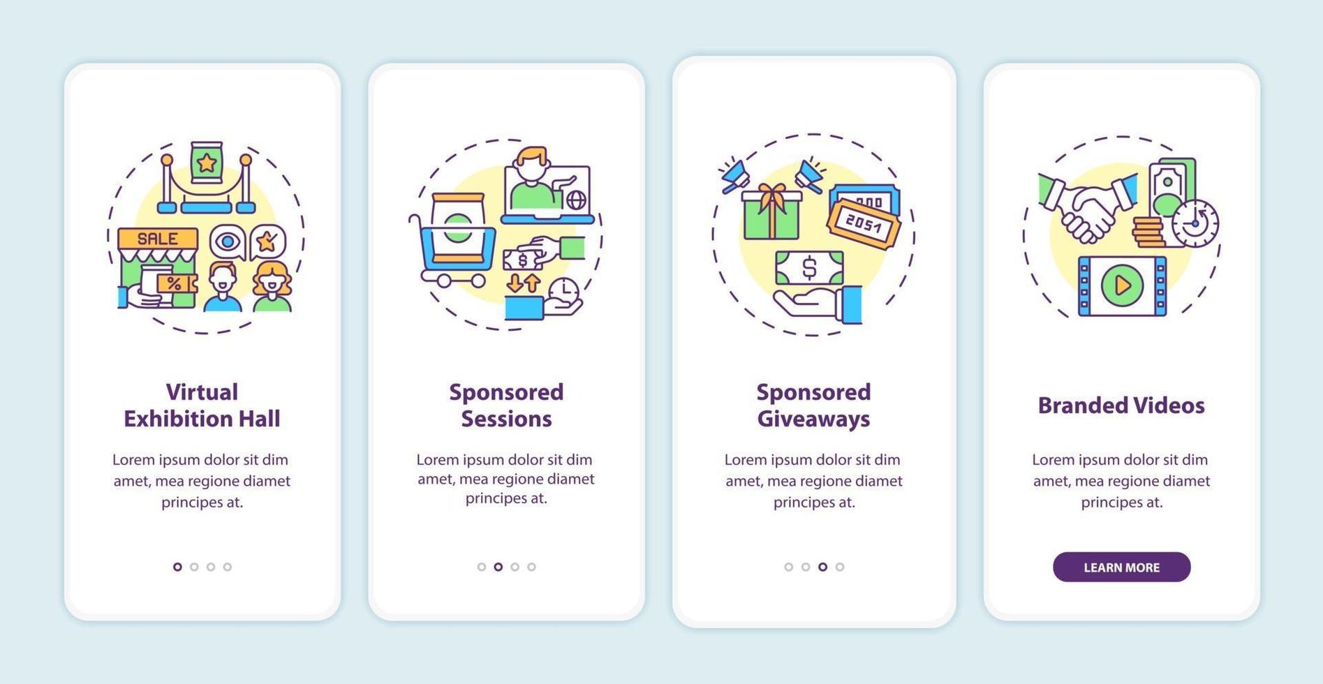 Sponsoring Ideen für virtuelle Veranstaltungen Onboarding des Bildschirms der mobilen App-Seite mit Konzepten vektor