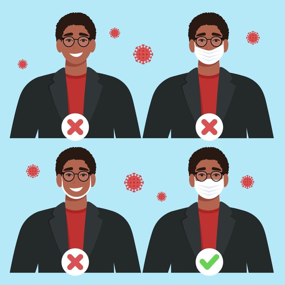 hur man korrekt och korrekt bär en mask. coronavirus covid-19 pandemikoncept vektor