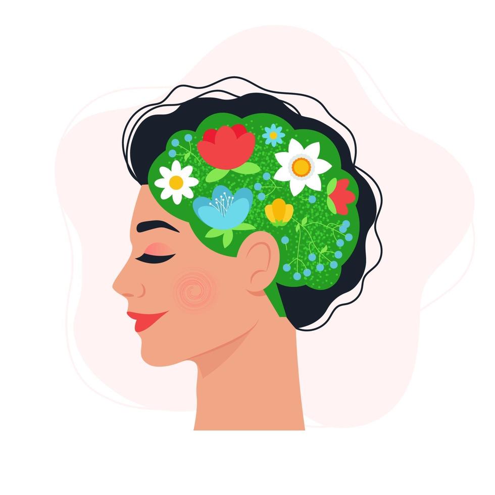 mental hälsa. kvinnans huvud med blommor i hjärnan vektor