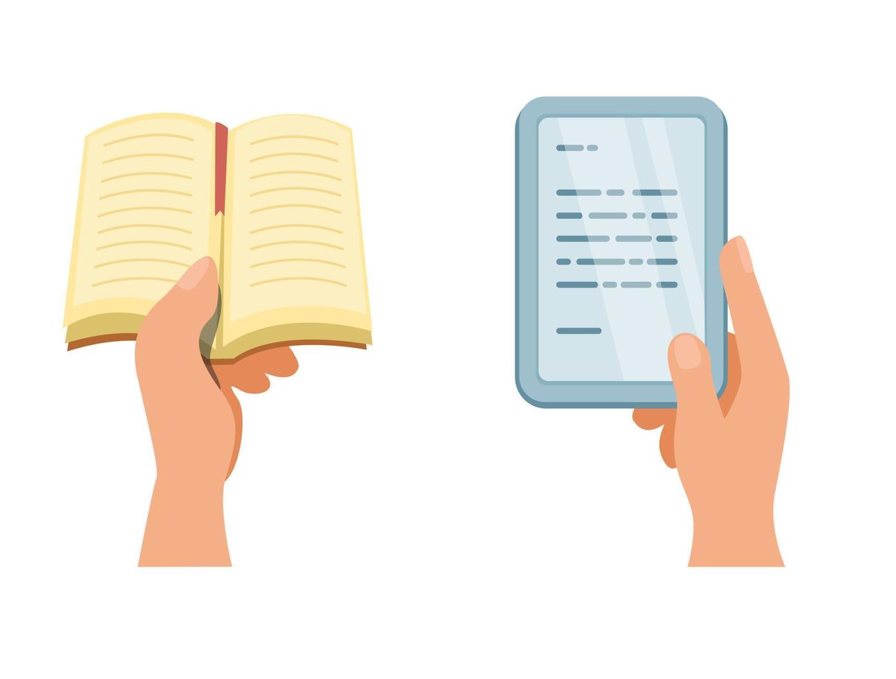 Hand halten Buch und Tablette E-Book. Literatur Bildung Symbol einstellen Karikatur Illustration Vektor