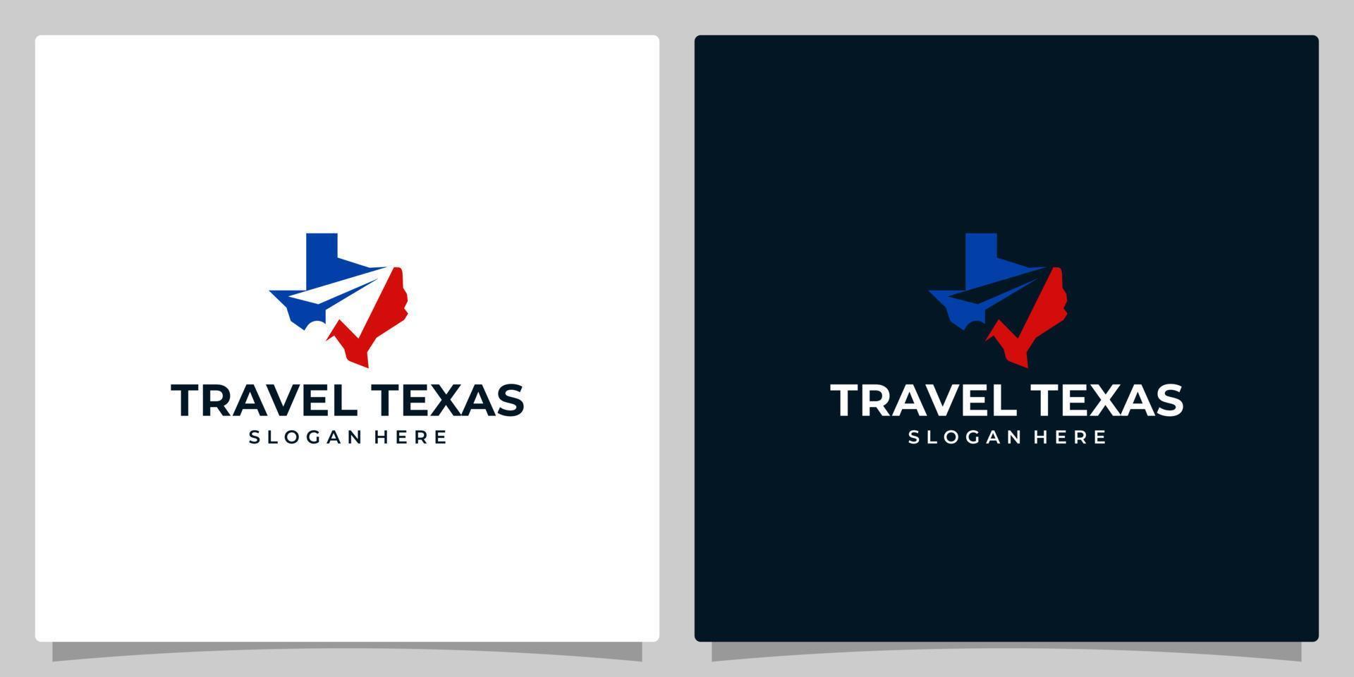 Texas Zustand Karte Logo Design Vorlage mit Luft Reise Grafik Design. Reise Vektor Illustration. Papier Flugzeug Symbol, Lieferung Symbol, kreativ.