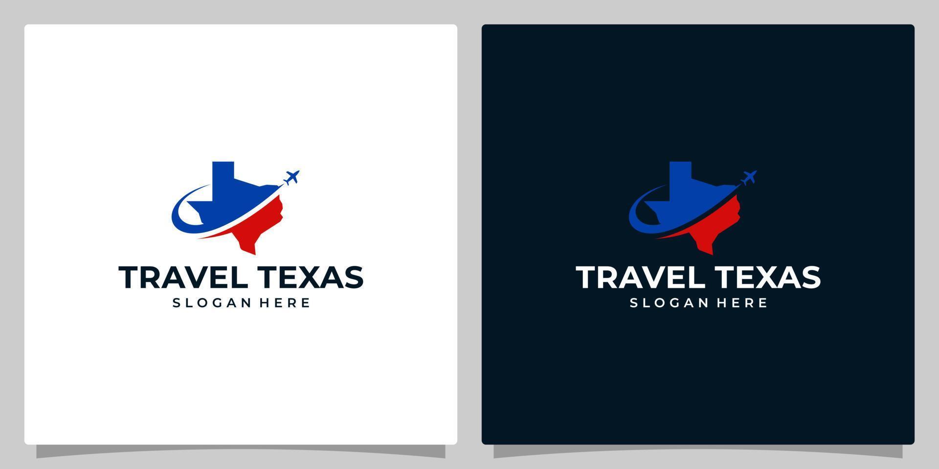 Texas Zustand Karte Logo Design Vorlage mit Luft Reise Grafik Design. Reise Vektor Illustration. Flugzeug Symbol, Symbol, kreativ.