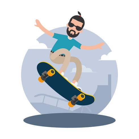 Hippie-Mann, der eine Skateboard-Vektor-Illustration reitet vektor