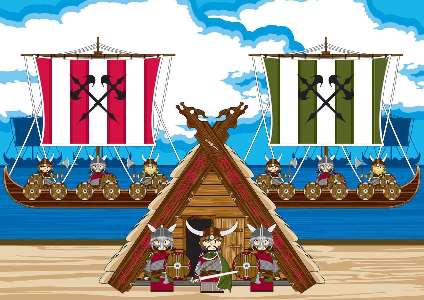 Karikatur Wikinger Krieger auf das Strand mit Langboote nordisch Geschichte Illustration vektor