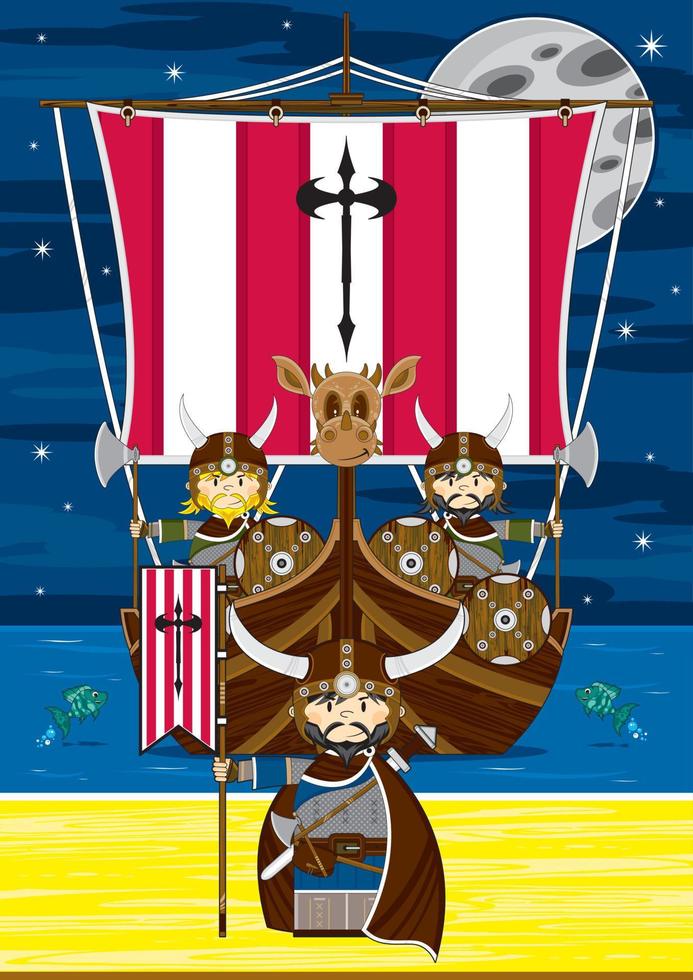 söt tecknad serie viking krigare och barkass Nordisk historia illustration vektor