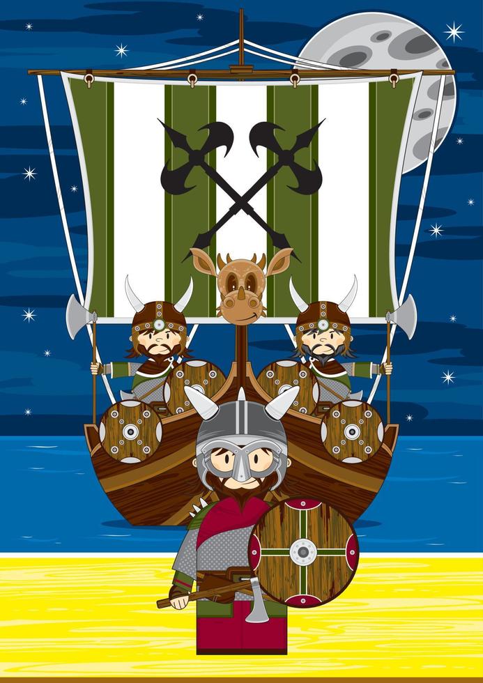 söt tecknad serie viking krigare och barkass Nordisk historia illustration vektor