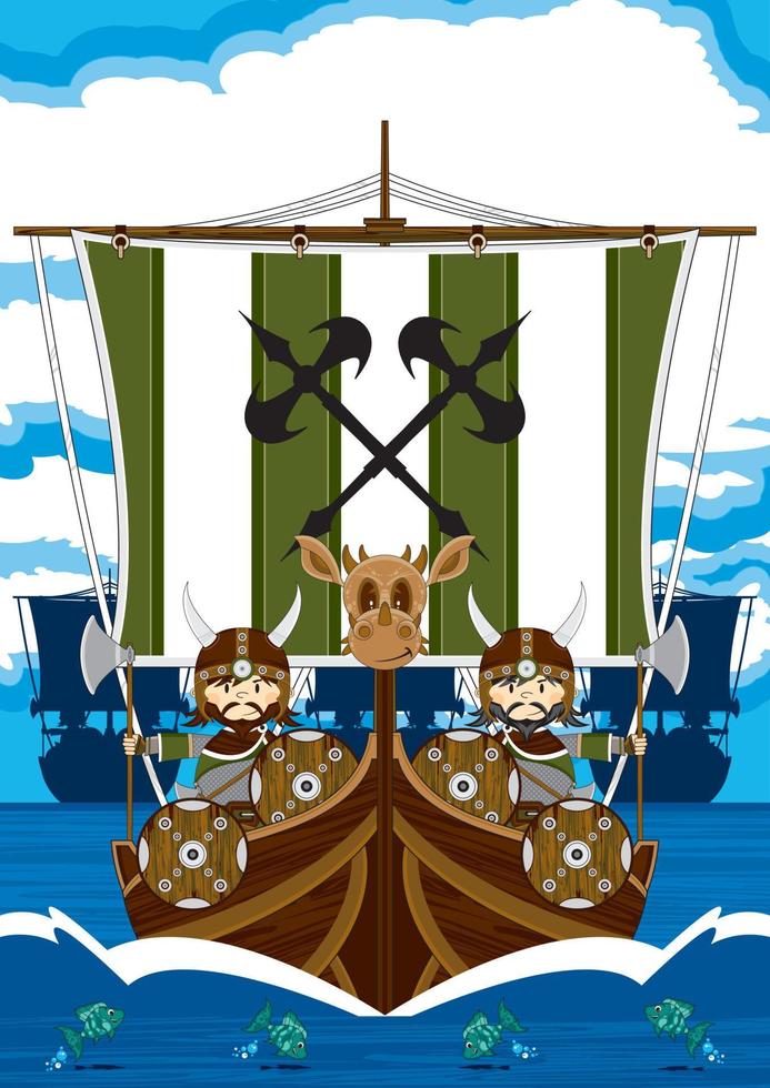 söt tecknad serie viking krigare på barkass Nordisk historia illustration vektor