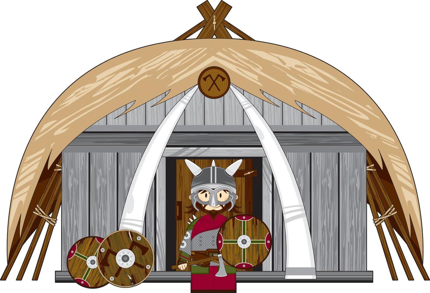 söt tecknad serie viking krigare på hemman Nordisk historia illustration vektor